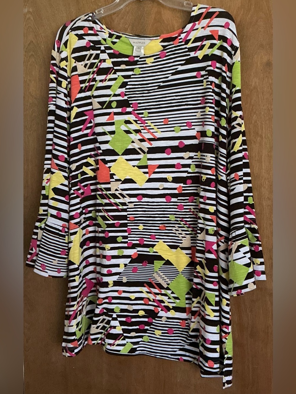 MULTIPLES Tunic Top 2X Plus Size Abstract Geometric Striped Bell Sleeve Blouse